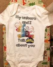 Load image into Gallery viewer, "My unicorn and I talk sh*t about you" baby grow