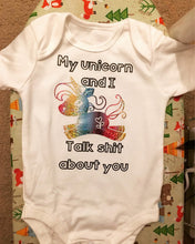 Load image into Gallery viewer, &quot;My unicorn and I talk sh*t about you&quot; baby grow
